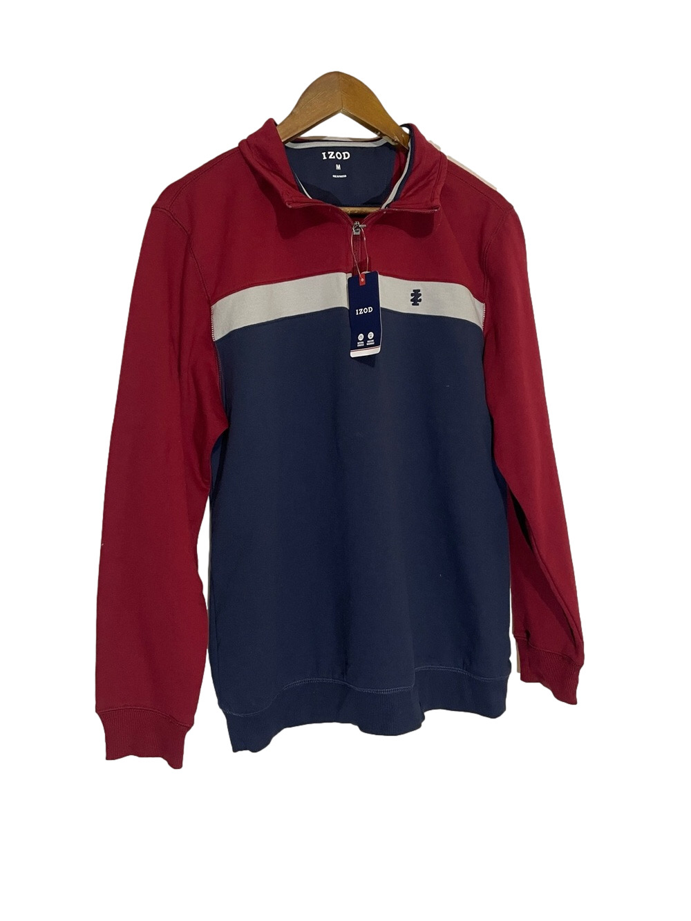 Izod Men's Burgandy and Navy Colorblock Quarter-Zip Fleece Pullover Medium
